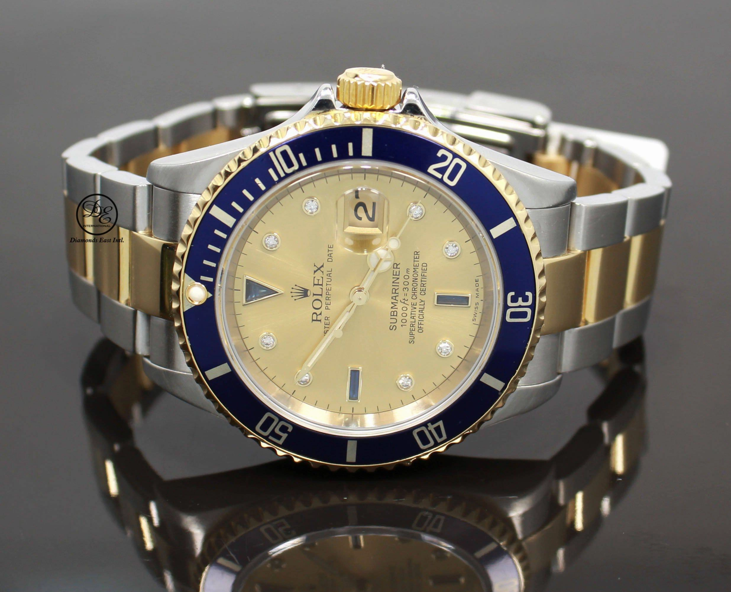 Rolex Submariner 16613 18k Yellow Gold/SS FACTORY SERTI Sapphires/Diamonds BOX/PAPERS