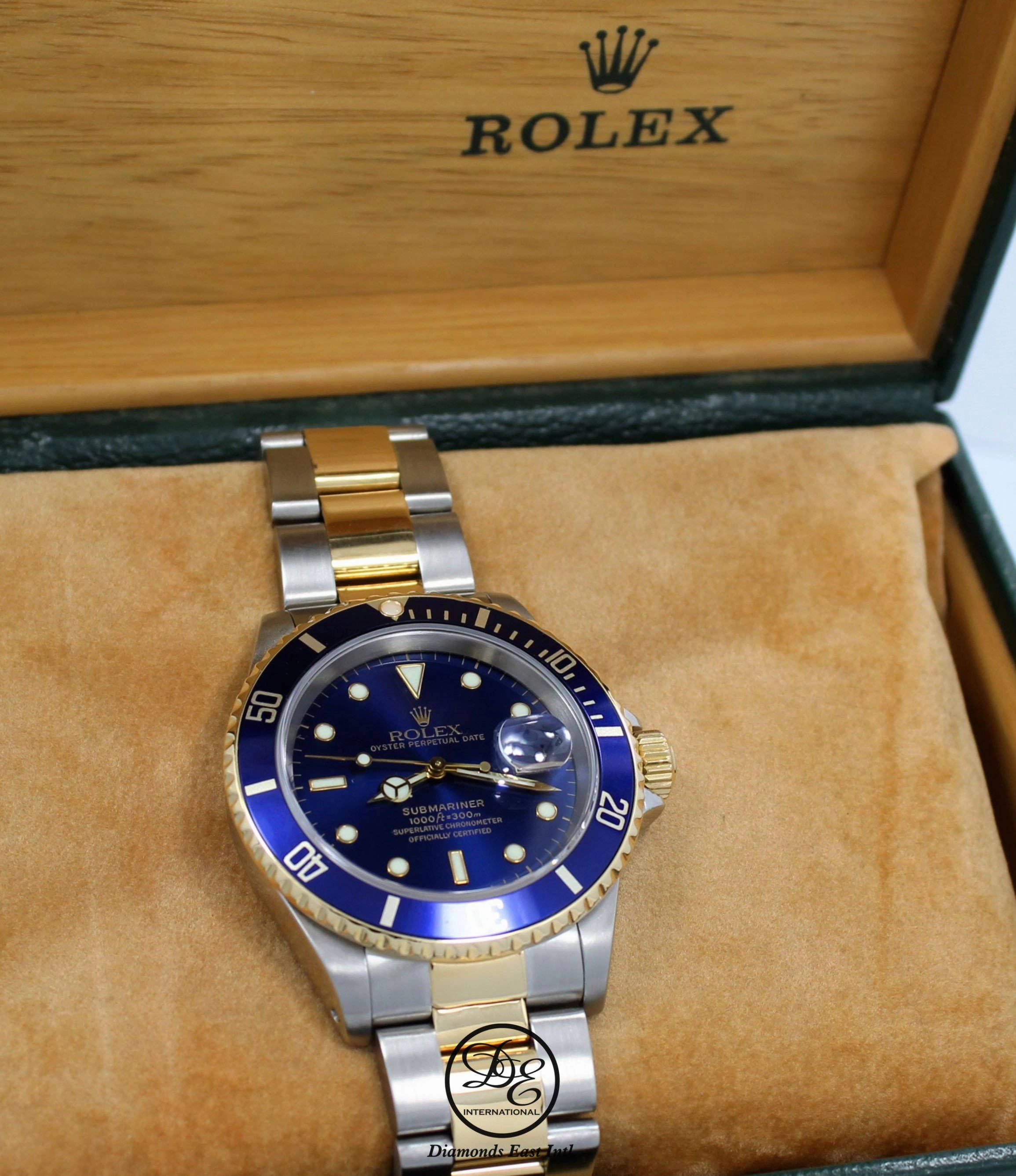 Rolex Submariner 16613 18K Yellow Gold /Steel Blue Bezel Watch BOX/PAPERS