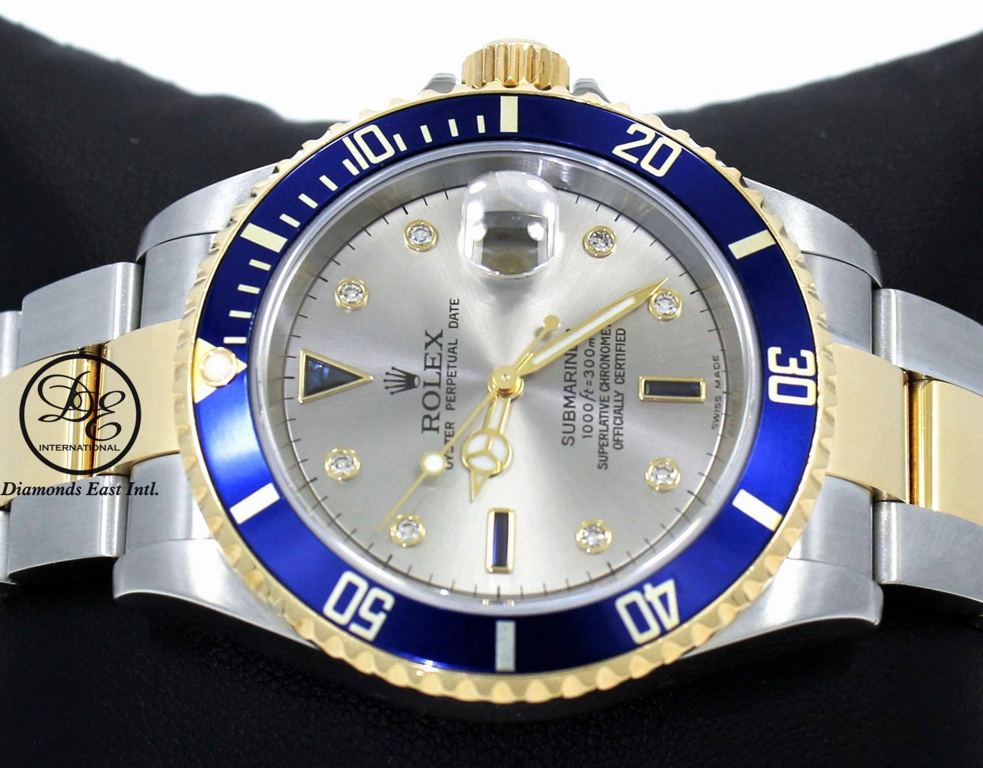 Rolex Submariner 16613T 18k Yellow Gold/SS Factory Serti Blue Sapphires Diamonds BOX/PAPERS