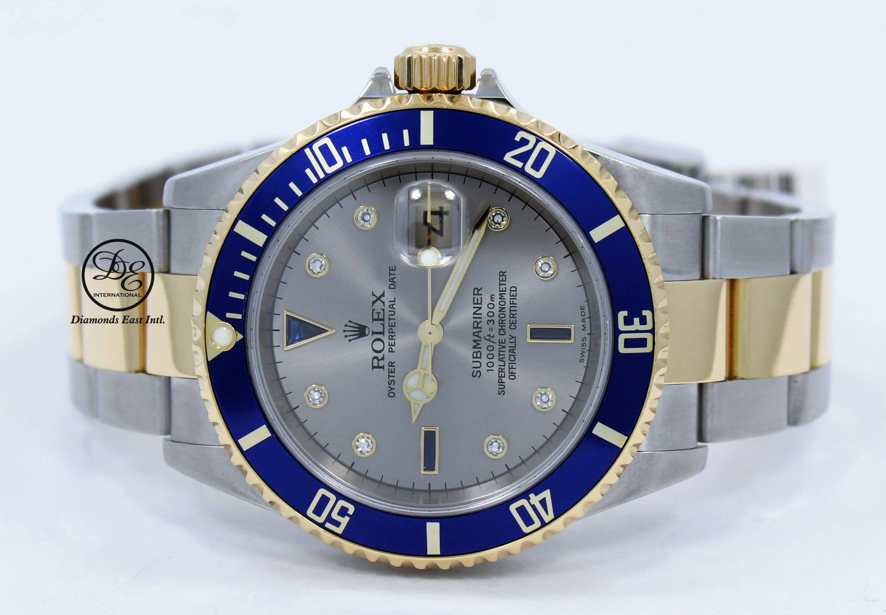 Rolex Submariner 16613T 18k Yellow Gold/SS Factory Serti Blue Sapphires Diamonds BOX/PAPERS