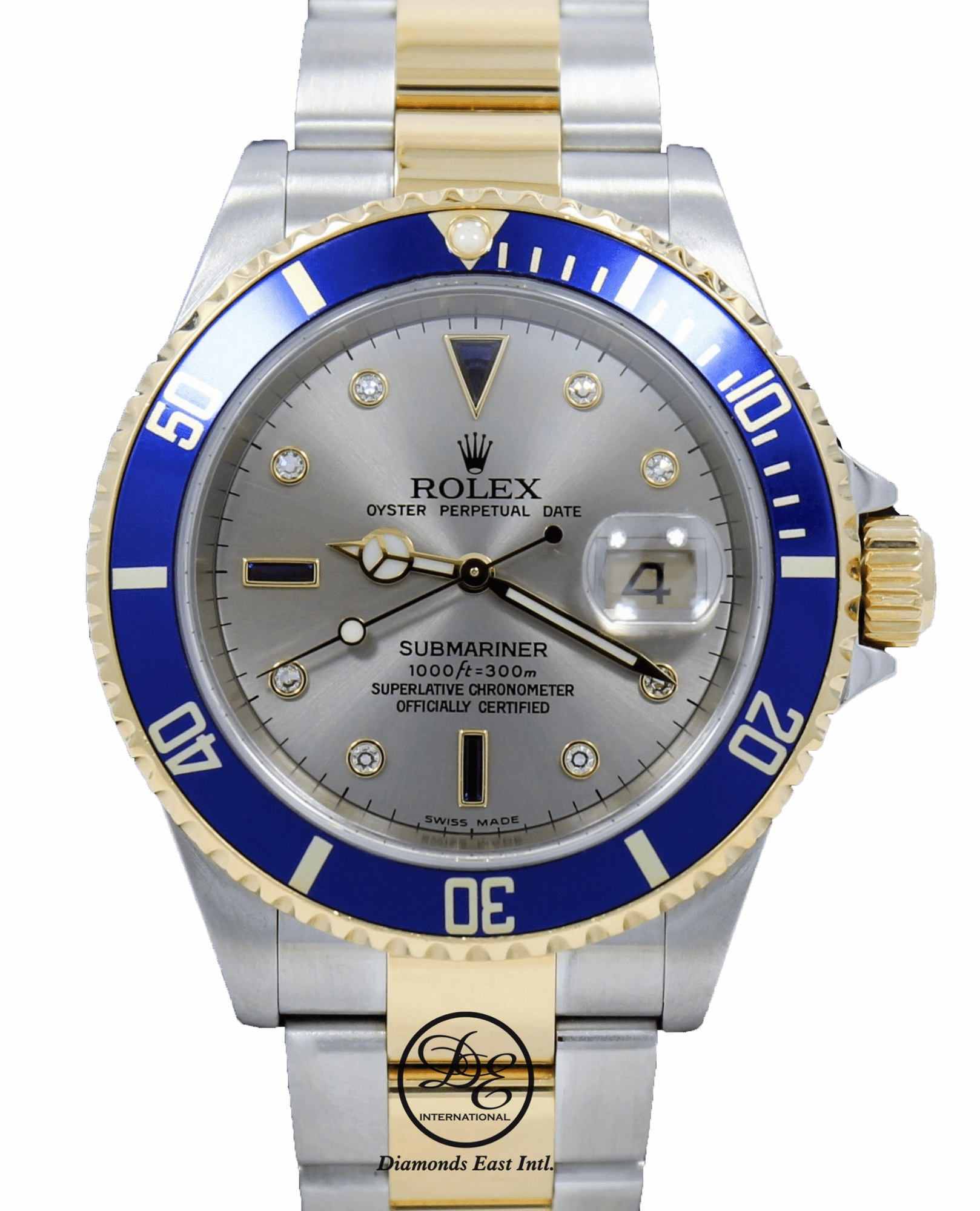 Rolex Submariner 16613T 18k Yellow Gold/SS Factory Serti Blue Sapphires Diamonds BOX/PAPERS