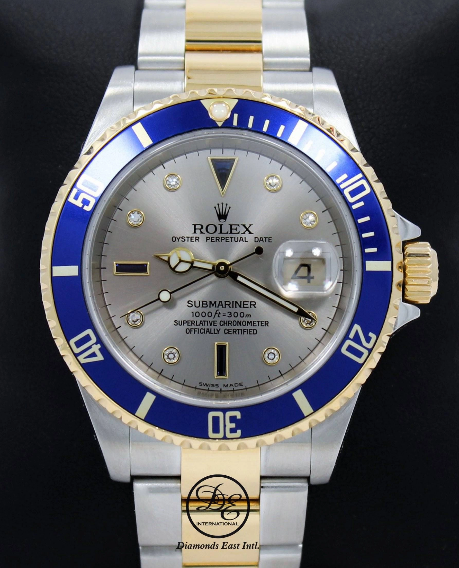 Rolex Submariner 16613T 18k Yellow Gold/SS Factory Serti Blue Sapphires Diamonds BOX/PAPERS