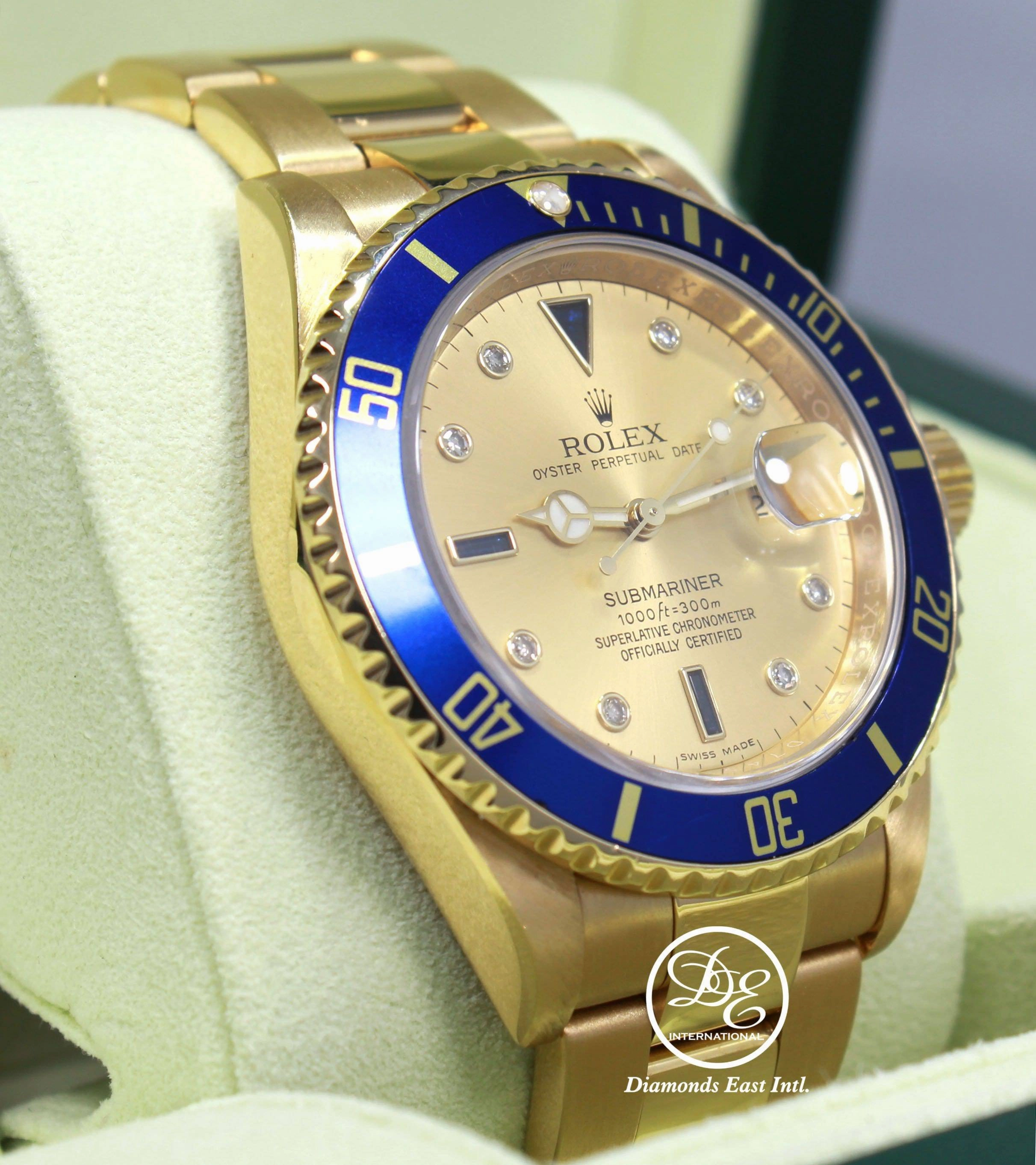 Rolex Submariner 16618 18k Yellow Gold FACTORY SERTI Blue Sapphires Diamonds Dial