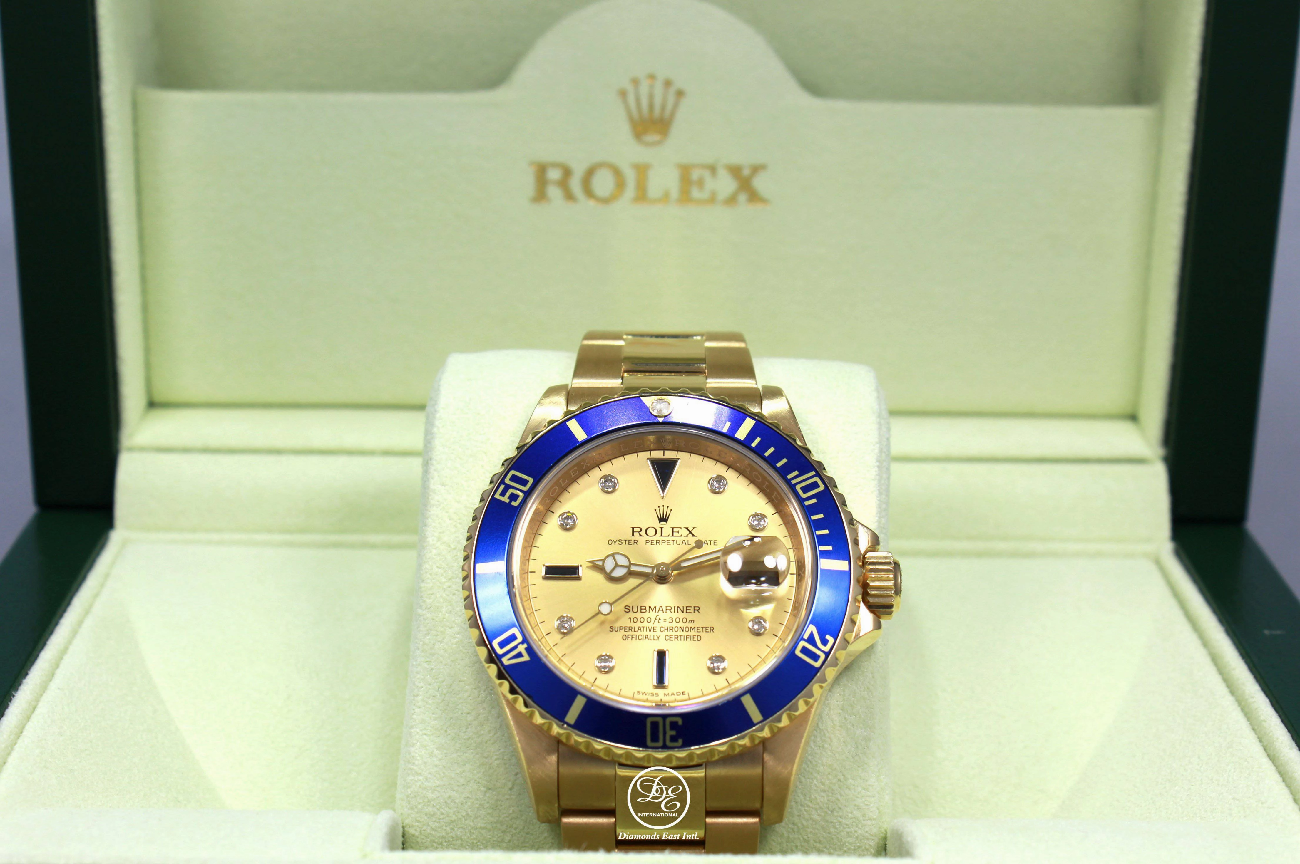Rolex Submariner 16618 18k Yellow Gold FACTORY SERTI Blue Sapphires Diamonds Dial