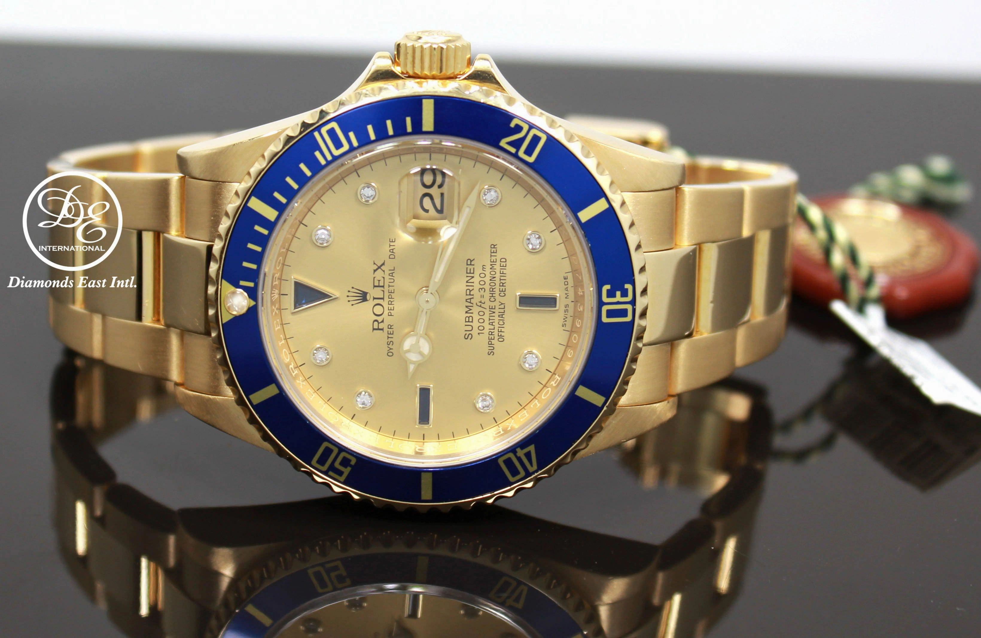Rolex Submariner 16618 18k Yellow Gold FACTORY SERTI Blue Sapphires Diamonds Dial