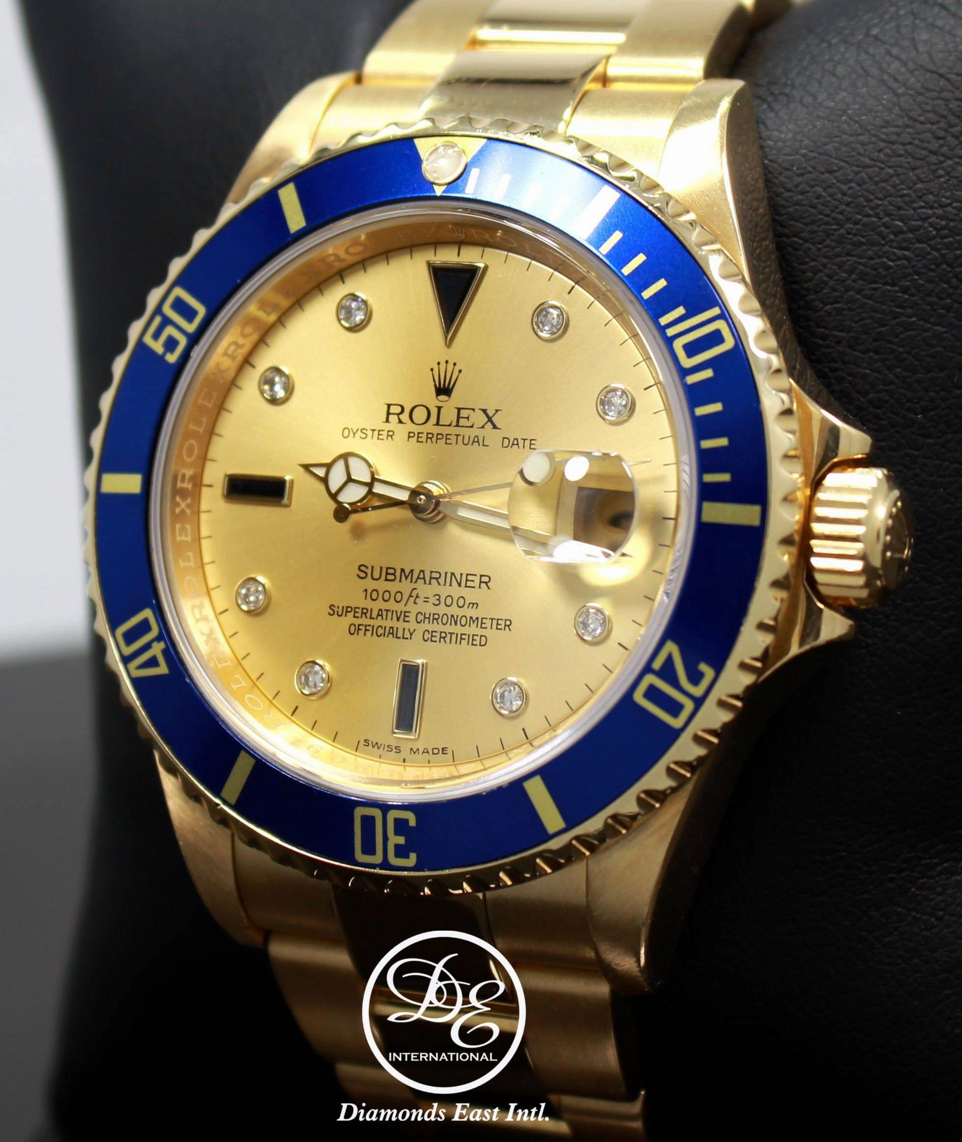 Rolex Submariner 16618 18k Yellow Gold FACTORY SERTI Blue Sapphires Diamonds Dial