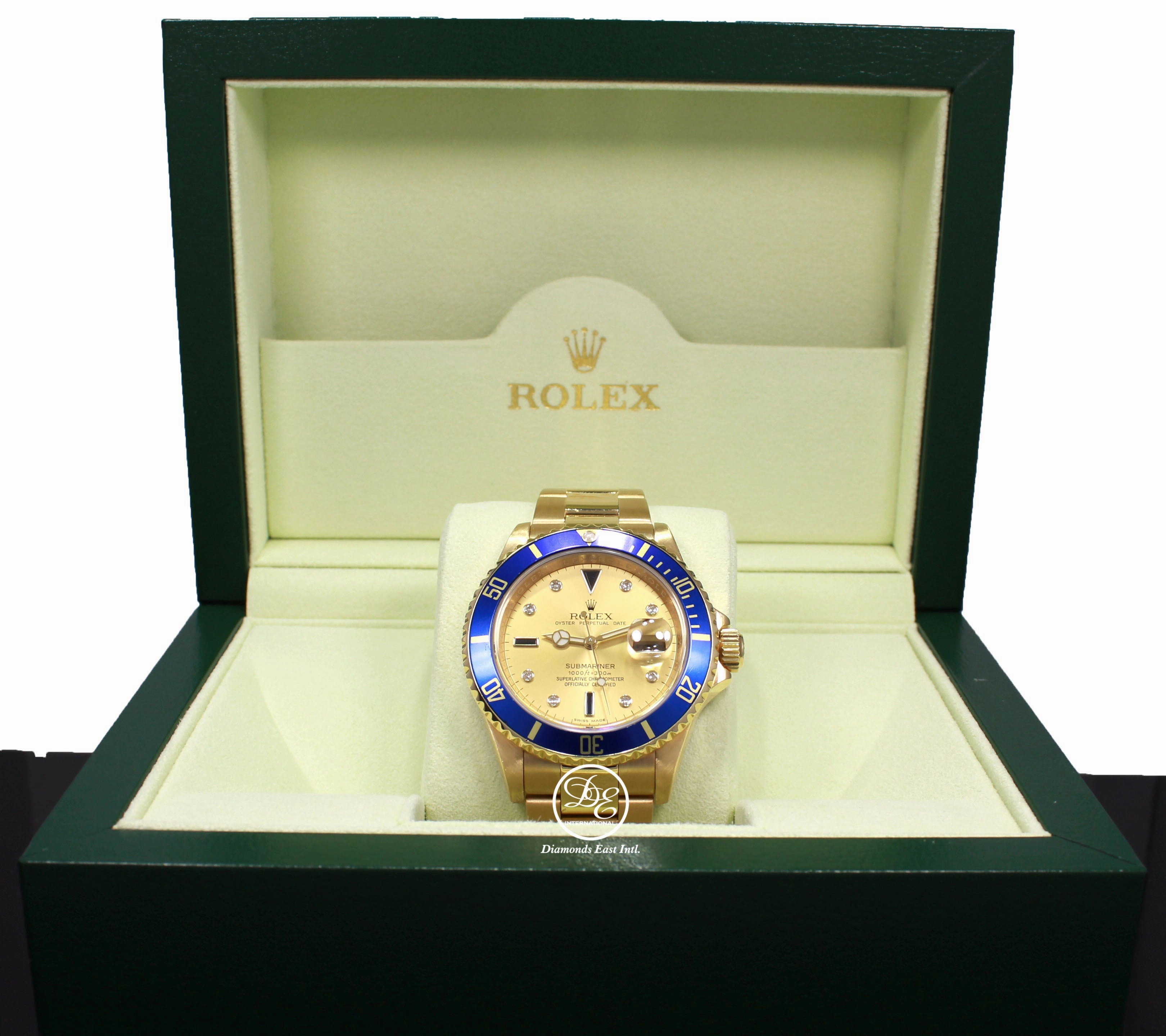Rolex Submariner 16618 18k Yellow Gold FACTORY SERTI Blue Sapphires Diamonds Dial