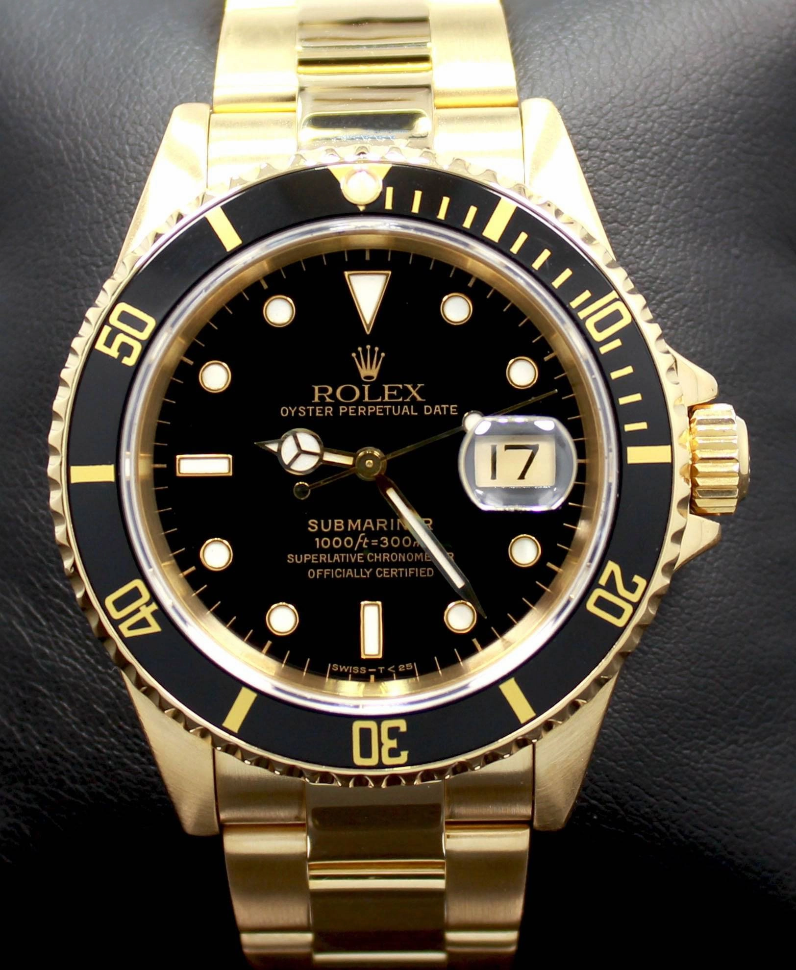 ROLEX Submariner 16618 18k Yellow Gold Oyster Black Dial & Bezel Watch