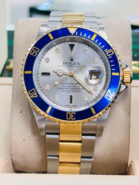 Rolex Submariner Date 16613 Yellow Gold Stainless Steel Oyster Preowned Factory Silver Diamond Serti Dial
