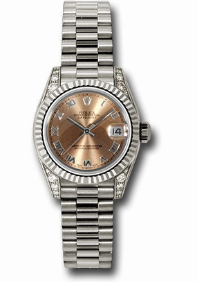 Rolex White Gold Lady-Datejust 26 Watch - Fluted Bezel - Pink Roman Dial - President Bracelet - 179239 prp