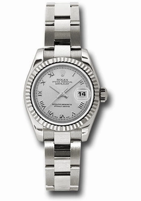 Rolex White Gold Lady-Datejust 26 Watch - Fluted Bezel - Silver Roman Dial - Oyster Bracelet - 179179 sro