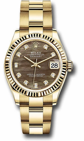 Rolex Yellow Gold Datejust 31 Watch - Fluted Bezel - Dark Mother-of-Pearl Diamond Dial - Oyster Bracelet 278278 dkmdo