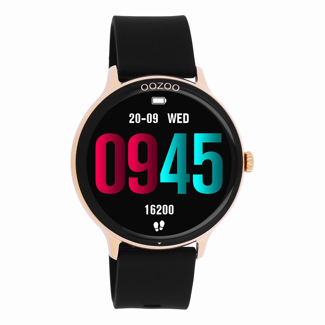 Rose gold coloured OOZOO smartwatch with black rubber strap - Q00133