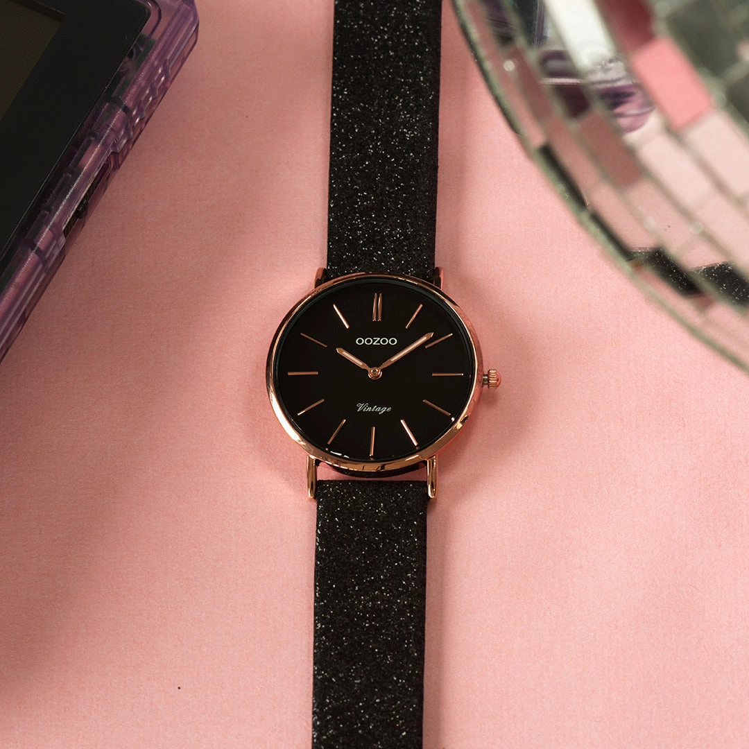 Rose gold coloured OOZOO watch with black leather strap - C20159