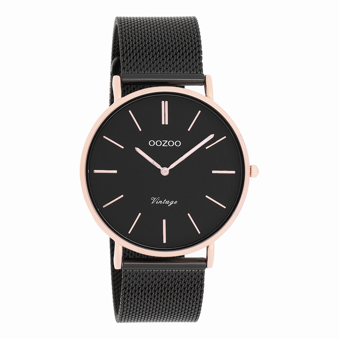 Rose gold coloured OOZOO watch with black metal mesh bracelet - C8869