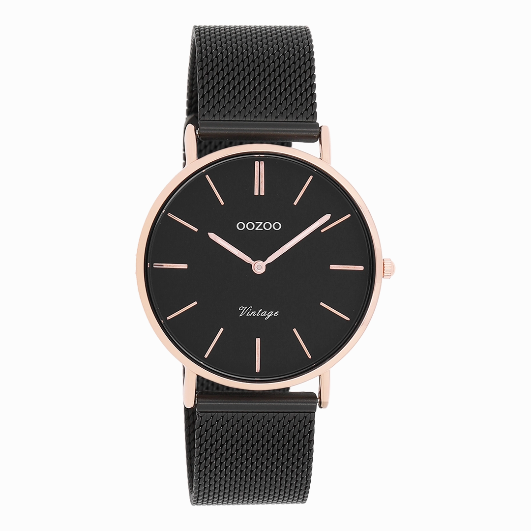 Rose gold coloured OOZOO watch with black metal mesh bracelet - C8870