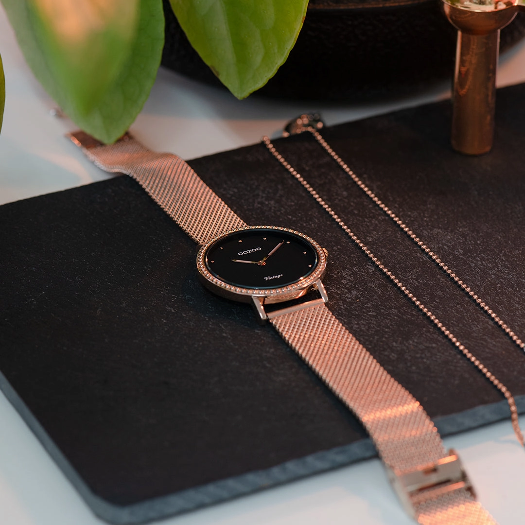 Rose gold coloured OOZOO watch with metal mesh bracelet - C20056