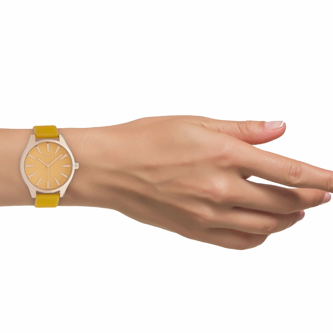 Rose gold coloured OOZOO watch with mustard yellow leather strap - C10466