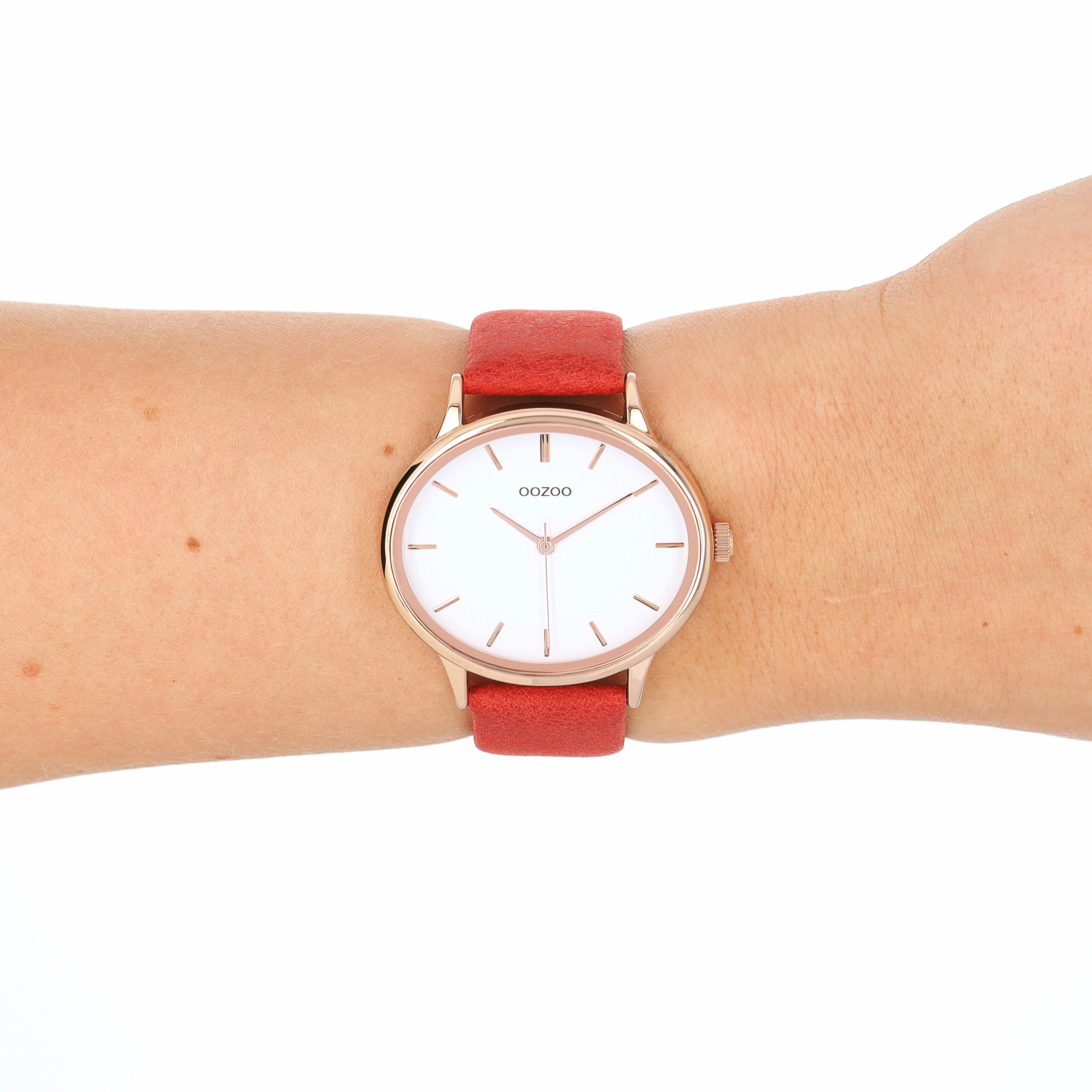 Rose gold coloured OOZOO watch with red leather strap - C11053