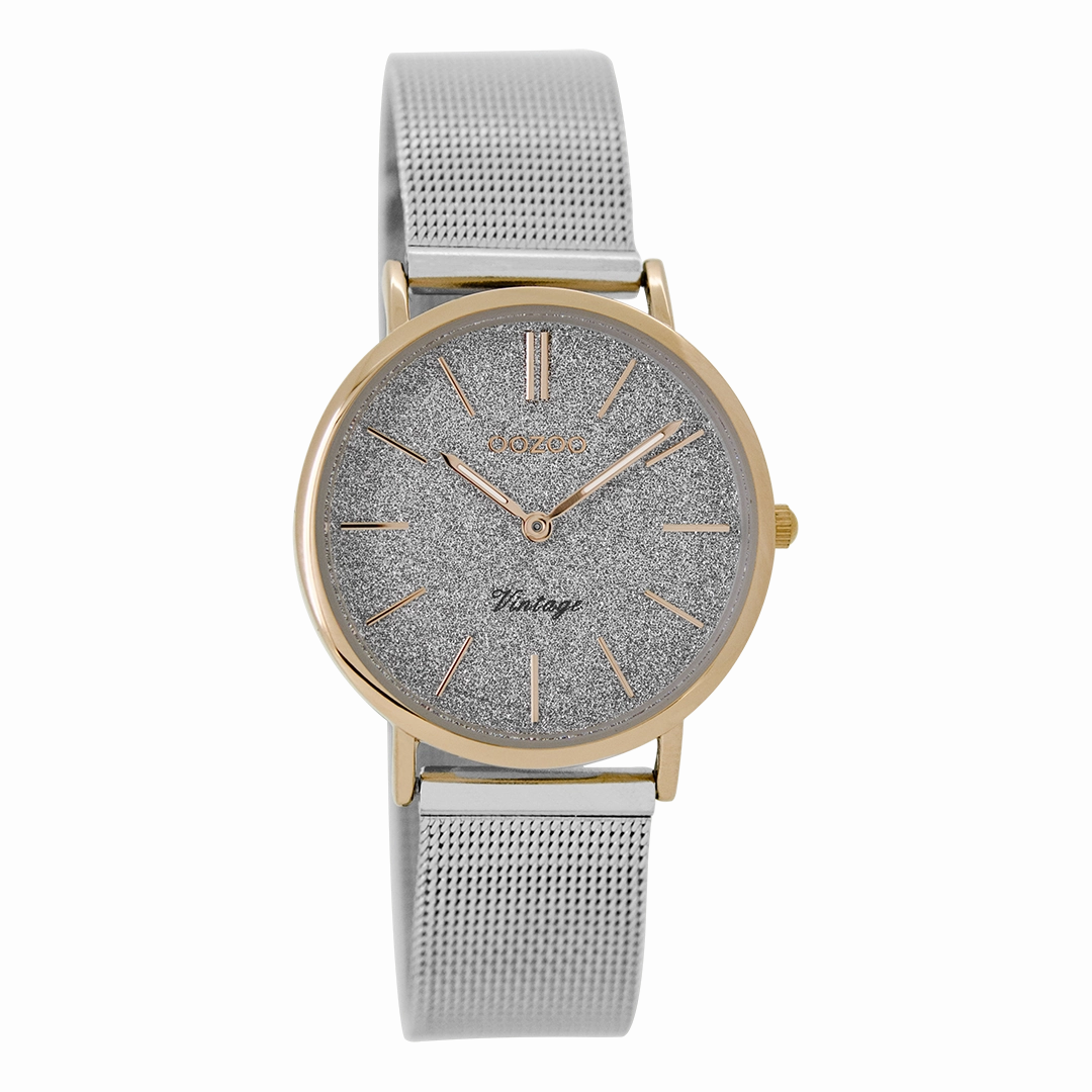 Rose gold coloured OOZOO watch with silver coloured metal mesh bracelet - C8838