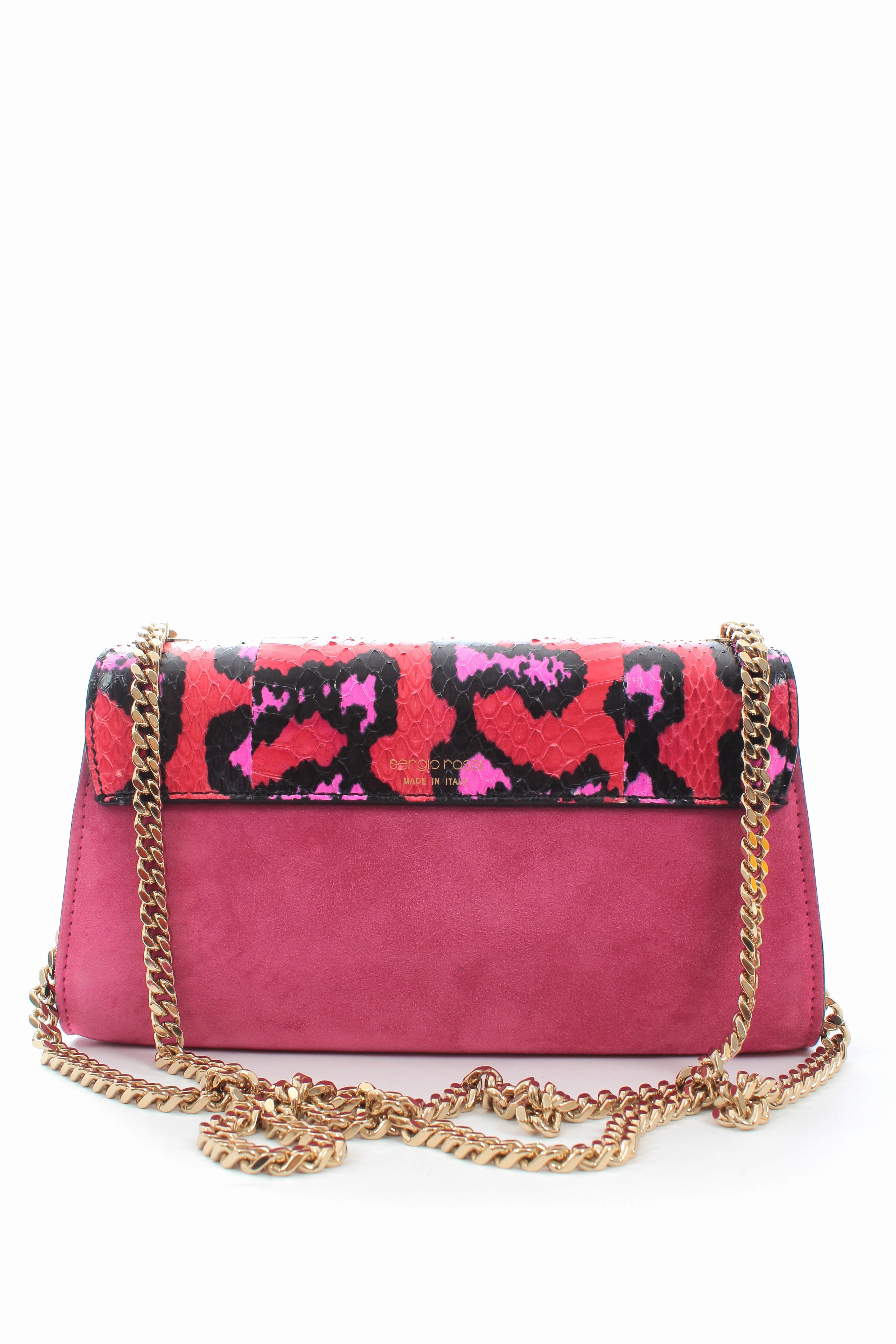 Sergio Rossi Leopard Print Python and Suede Chain Shoulder Bag