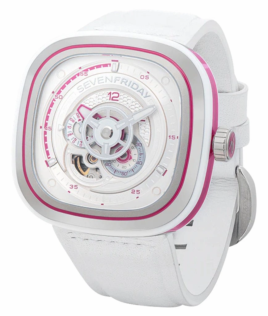 SEVENFRIDAY P-Series Beach Club Automatic Stainless Steel White/Silver Dial White Leather Strap Unisex Watch P3C/12