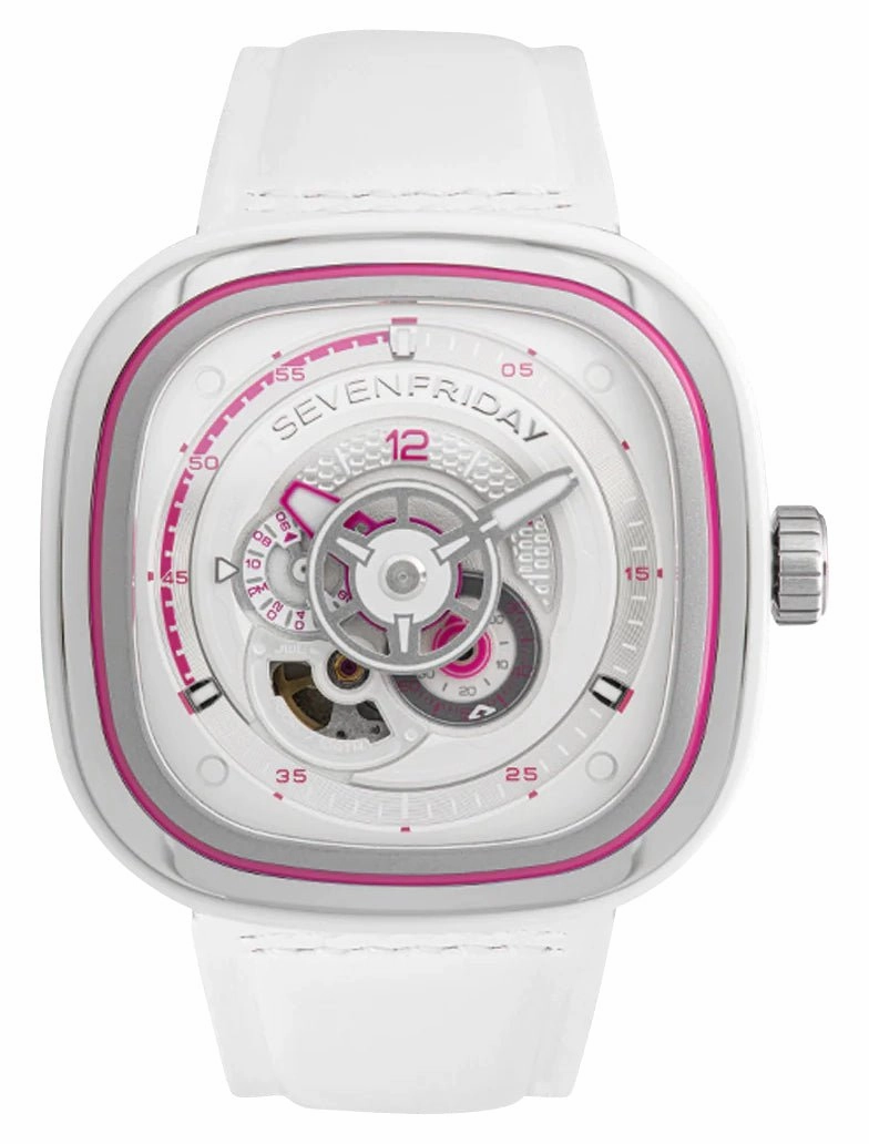 SEVENFRIDAY P-Series Beach Club Automatic Stainless Steel White/Silver Dial White Leather Strap Unisex Watch P3C/12