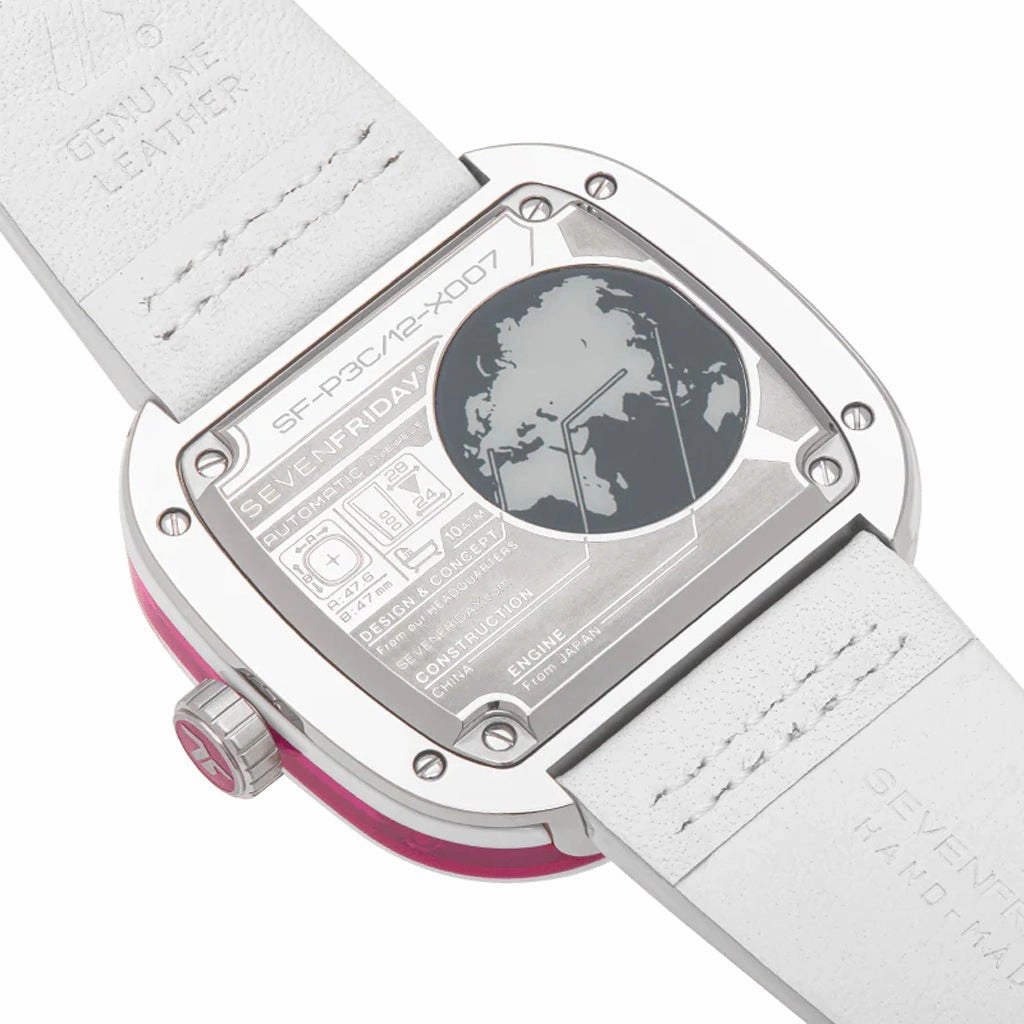 SEVENFRIDAY P-Series Beach Club Automatic Stainless Steel White/Silver Dial White Leather Strap Unisex Watch P3C/12