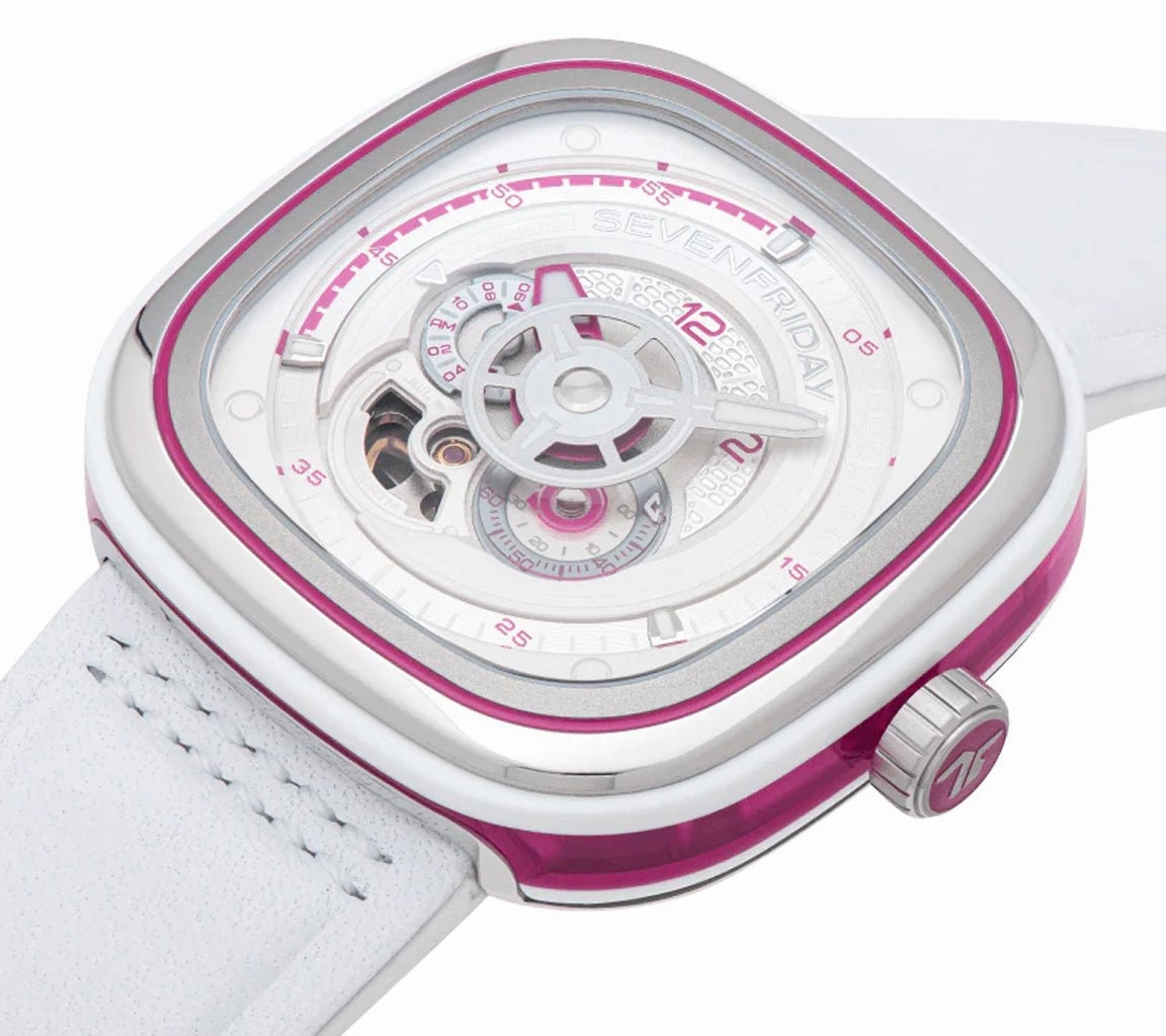 SEVENFRIDAY P-Series Beach Club Automatic Stainless Steel White/Silver Dial White Leather Strap Unisex Watch P3C/12