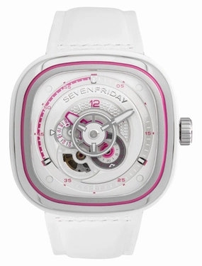 SEVENFRIDAY P-Series Beach Club Automatic Stainless Steel White/Silver Dial White Leather Strap Unisex Watch P3C/12
