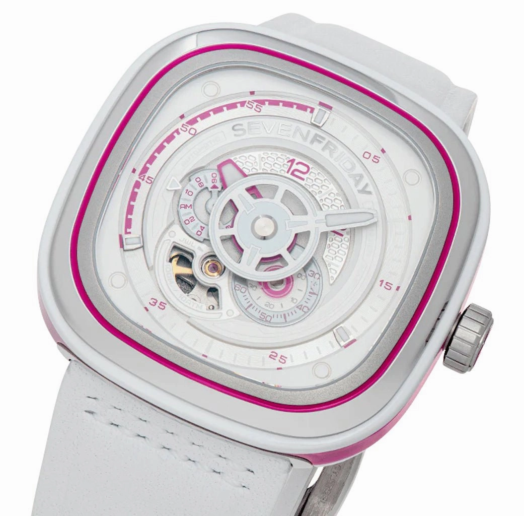 SEVENFRIDAY P-Series Beach Club Automatic Stainless Steel White/Silver Dial White Leather Strap Unisex Watch P3C/12
