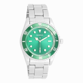 Silver coloured/green OOZOO watch with stainless steel bracelet - C11146