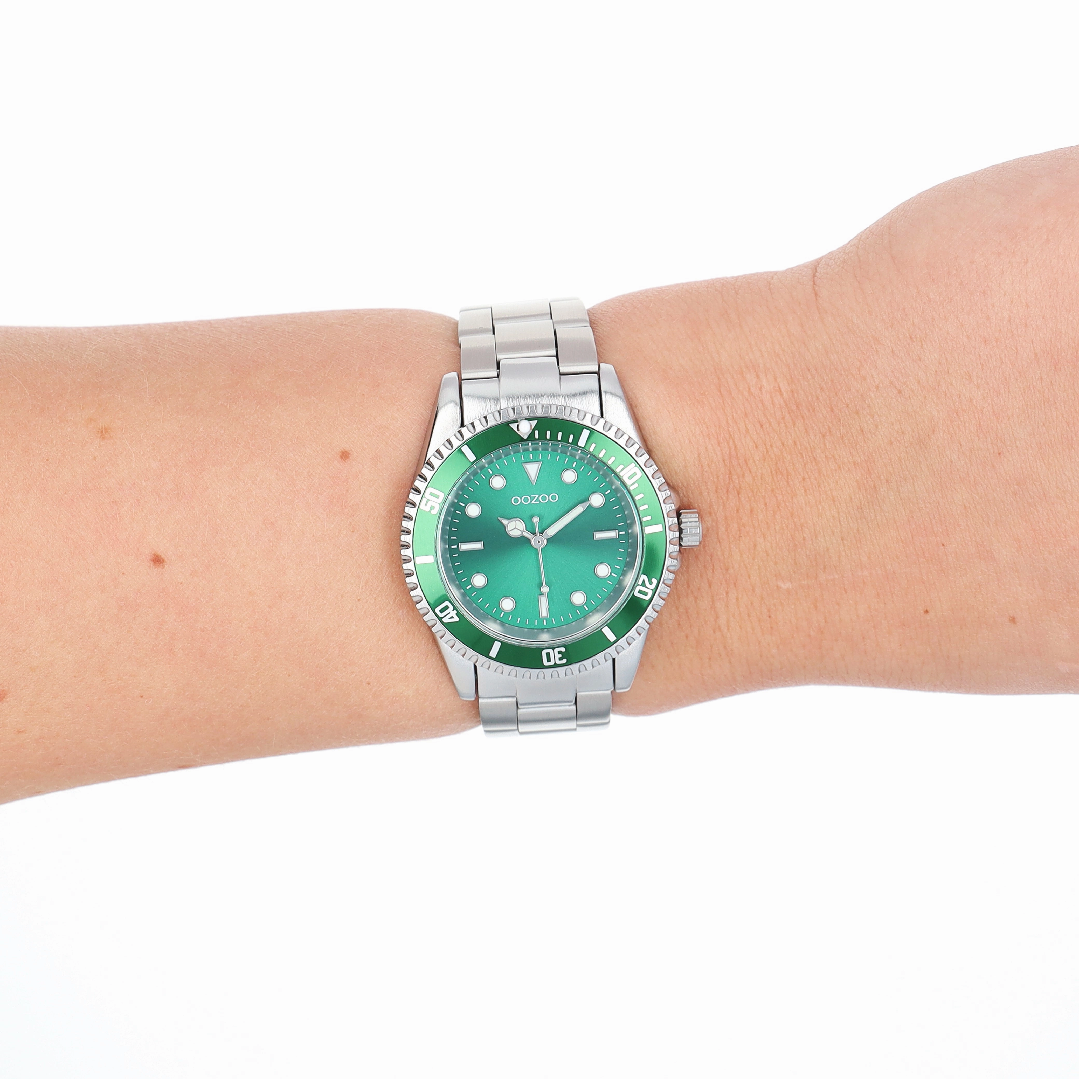 Silver coloured/green OOZOO watch with stainless steel bracelet - C11146