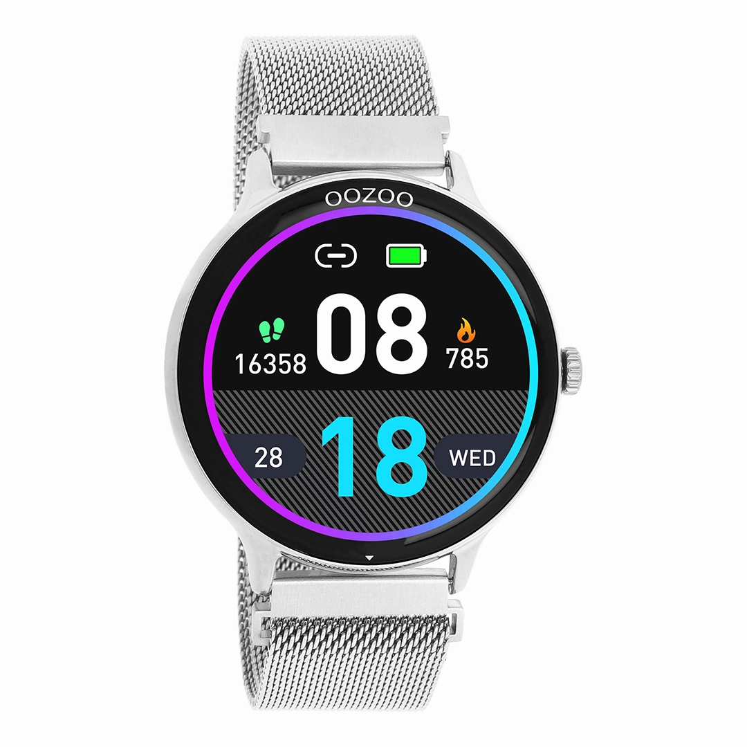 Silver coloured OOZOO smartwatch with silver coloured metal mesh bracelet - Q00135