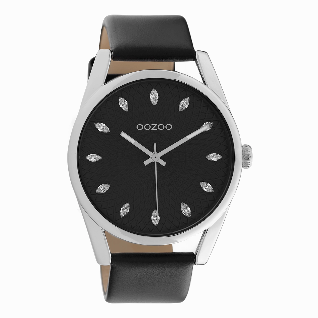 Silver coloured OOZOO watch with black leather strap - C10818
