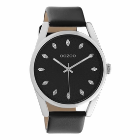 Silver coloured OOZOO watch with black leather strap - C10818