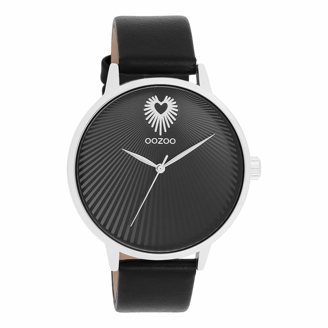 Silver coloured OOZOO watch with black leather strap - C11241