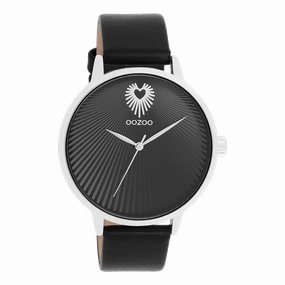 Silver coloured OOZOO watch with black leather strap - C11241