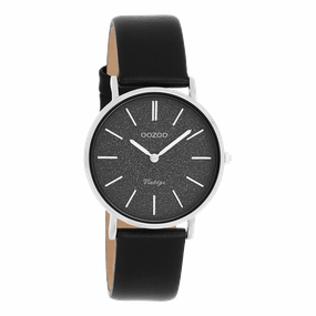 Silver coloured OOZOO watch with black leather strap - C20208