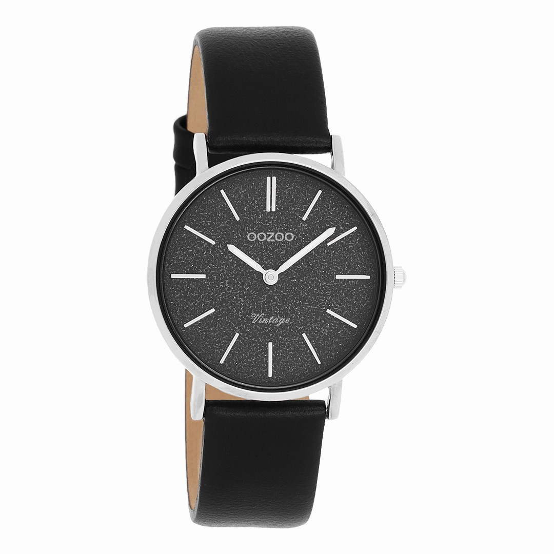 Silver coloured OOZOO watch with black leather strap - C20208