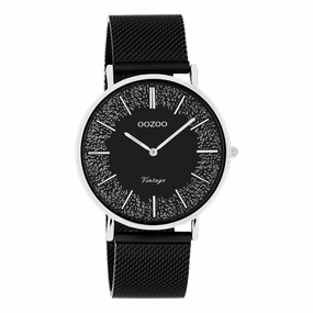 Silver coloured OOZOO watch with black metal mesh bracelet - C20140