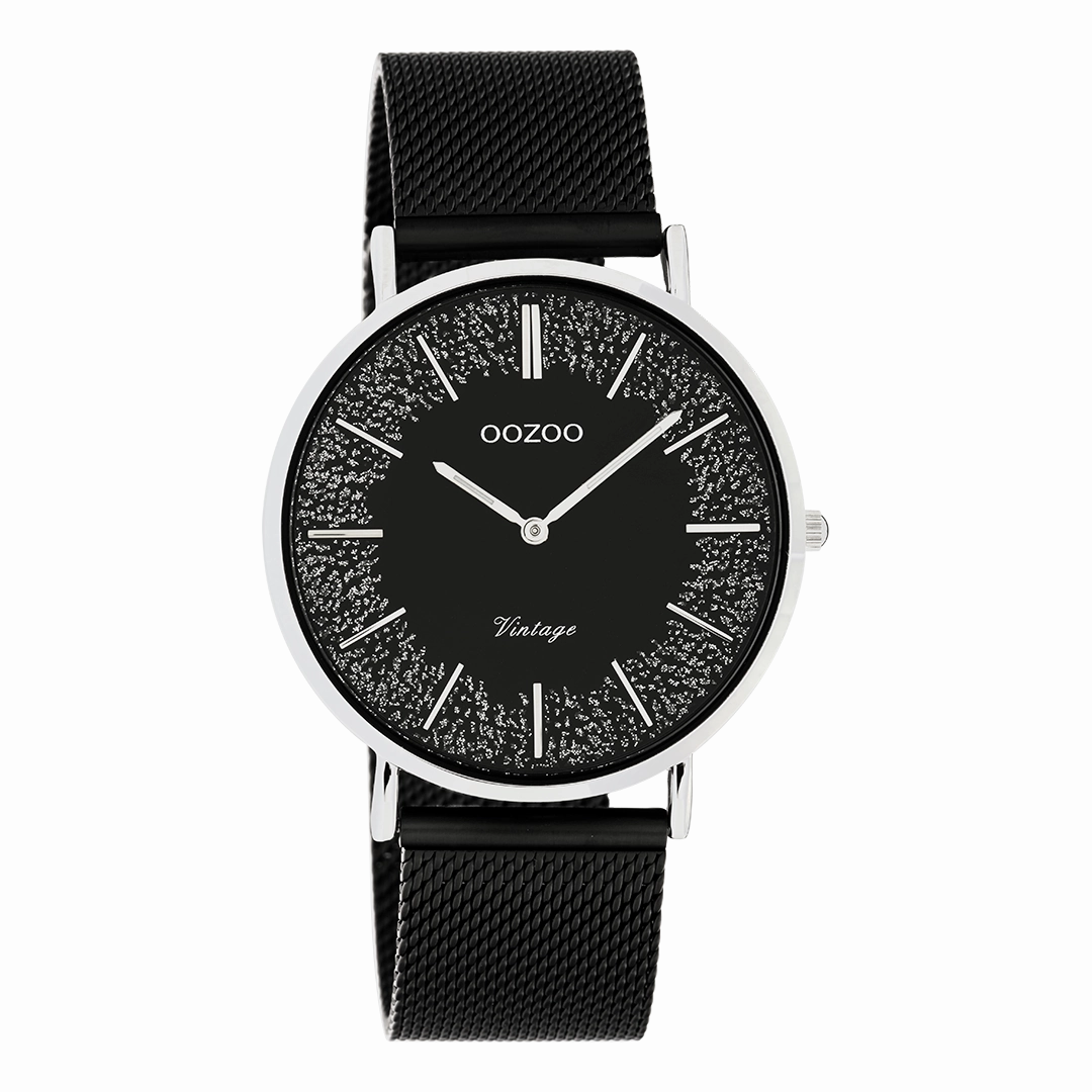 Silver coloured OOZOO watch with black metal mesh bracelet - C20140