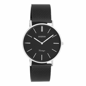 Silver coloured OOZOO watch with black metal mesh bracelet - C8866