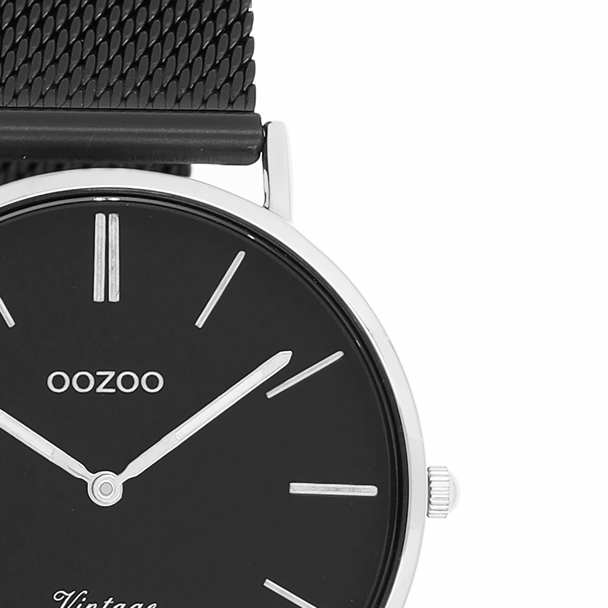 Silver coloured OOZOO watch with black metal mesh bracelet - C8866