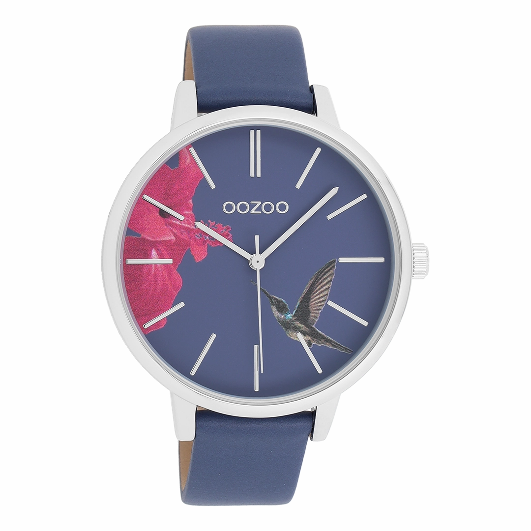Silver coloured OOZOO watch with blue leather strap - C11069