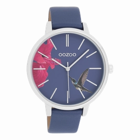 Silver coloured OOZOO watch with blue leather strap - C11069