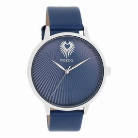 Silver coloured OOZOO watch with blue leather strap - C11243