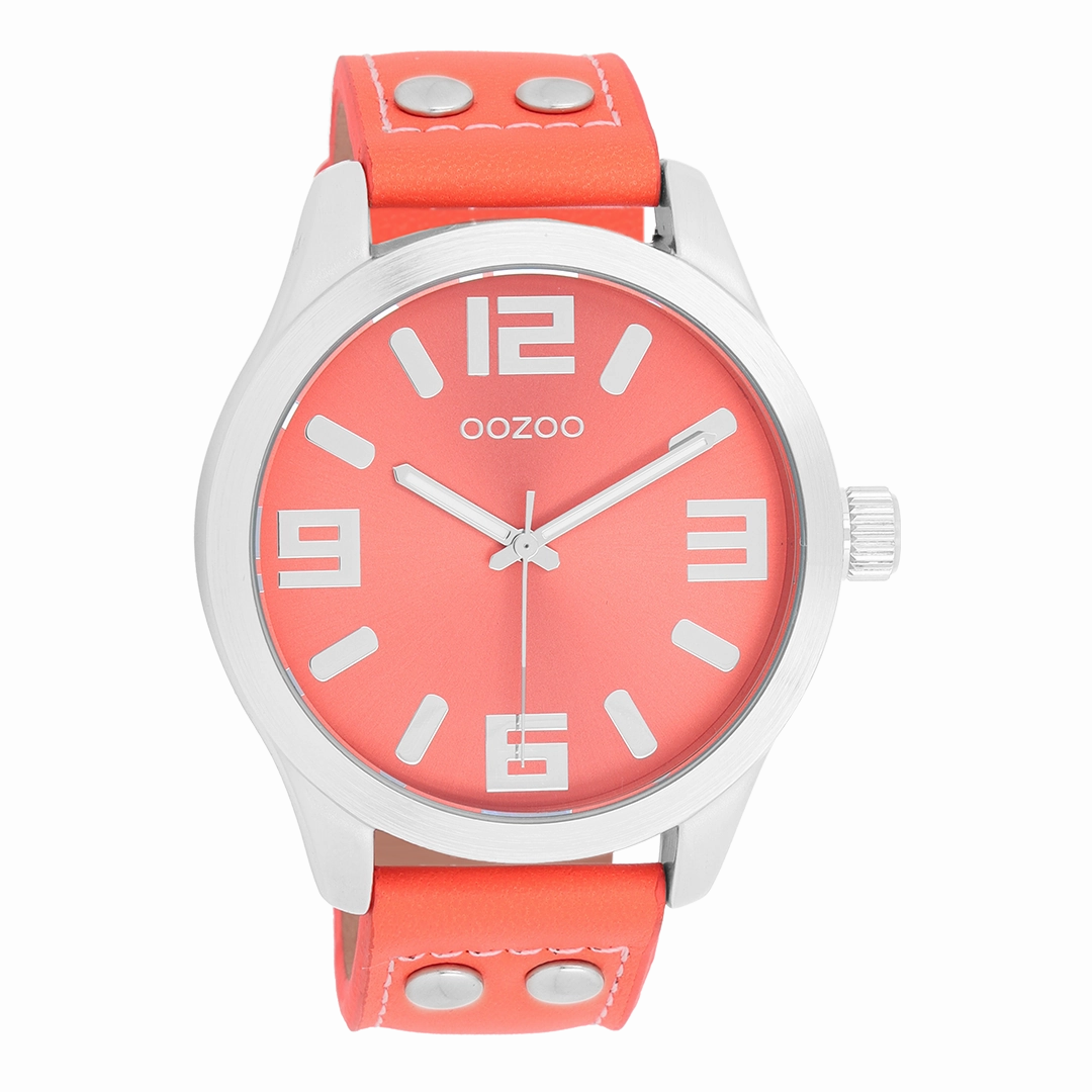 Silver coloured OOZOO watch with coral coloured leather strap - C1073