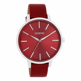 Silver coloured OOZOO watch with dahlia red leather strap - C11299