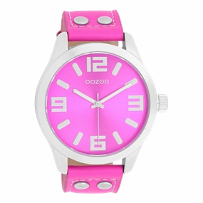 Silver coloured OOZOO watch with fluo pink leather strap - C1074